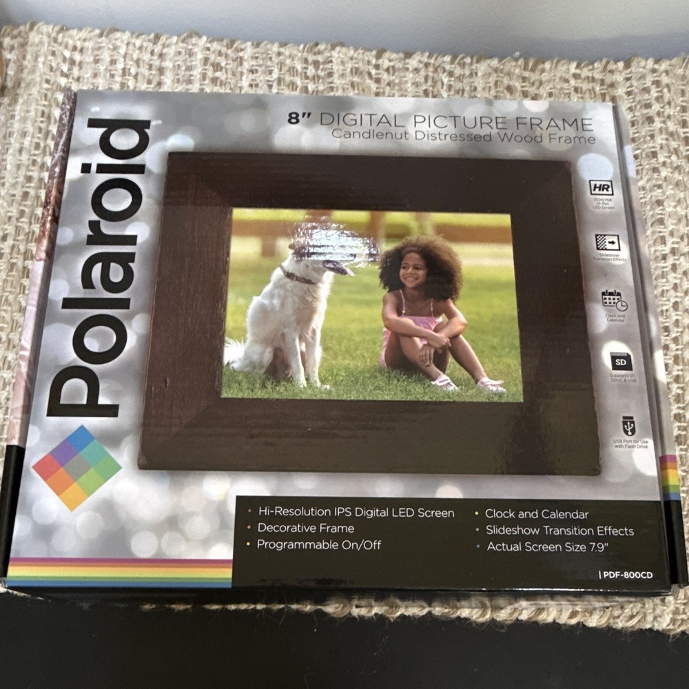 Polaroid 8" Digital Photo Frame Candlenut Distressed Wood Frame, PDF-800CD - NEW